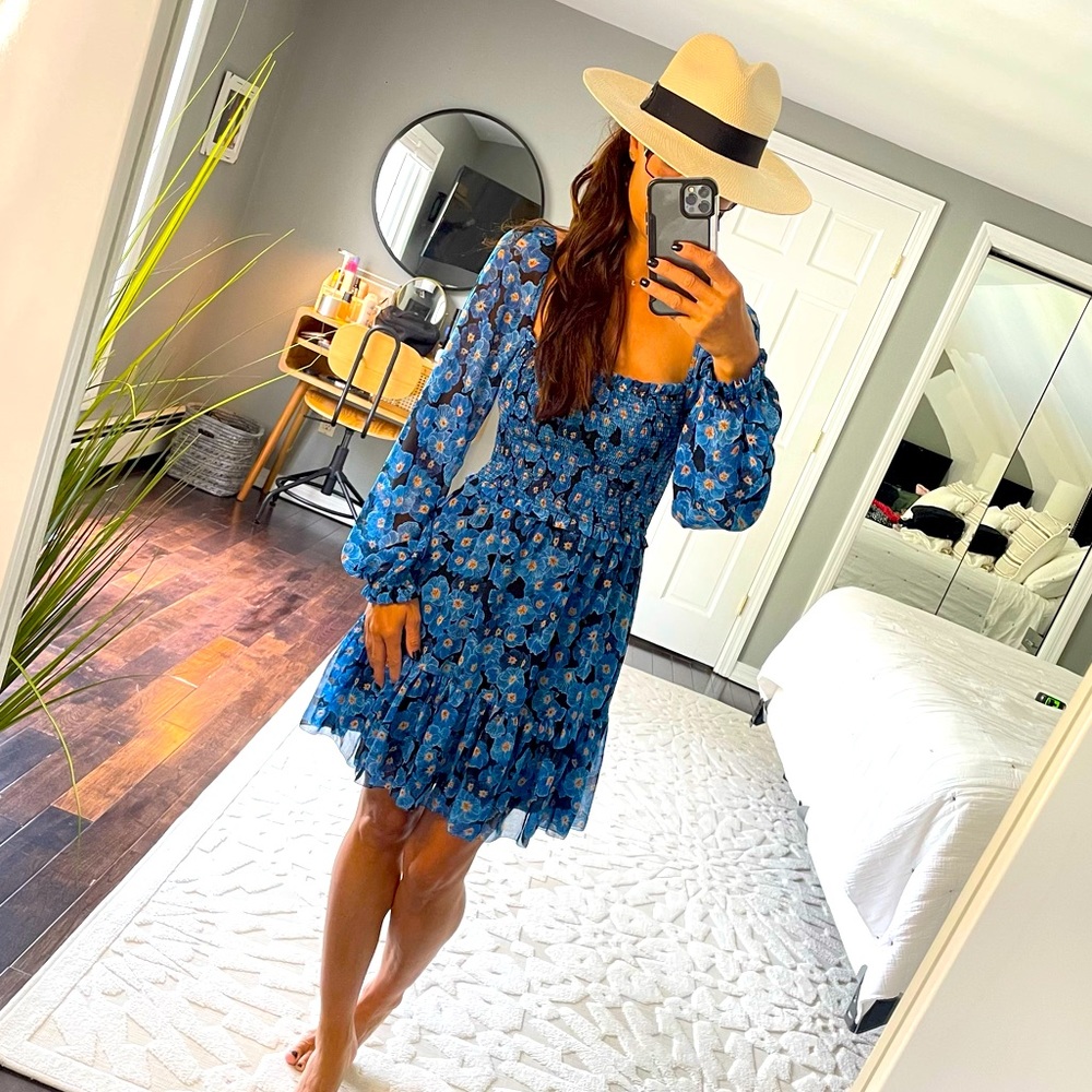 Wilfred x Aritzia blue super cute sheer sleeve boho mini dress blue black XS